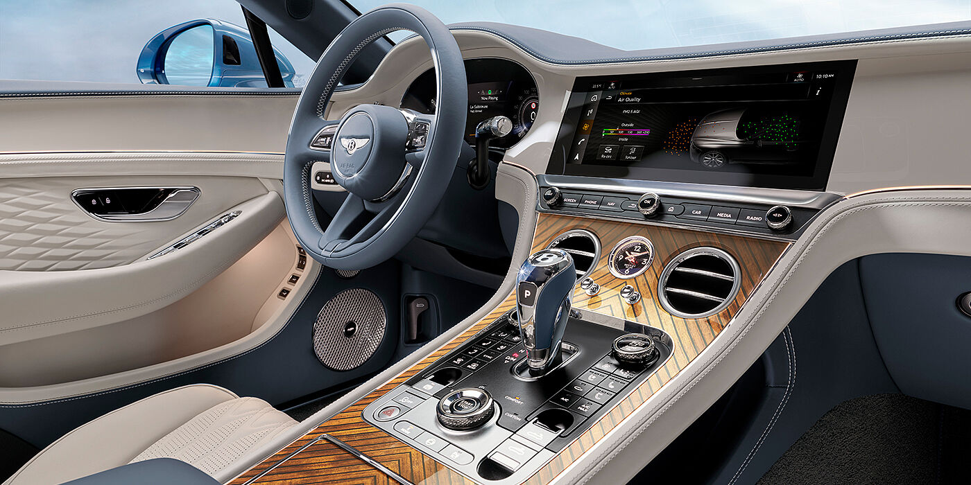 Bentley Almaty New Bentley Continental GTC Azure convertible interior front cabin view with Linen and Brunel hides and Piano Linen by Mulliner veneer featuring centre console and centre MMI screen